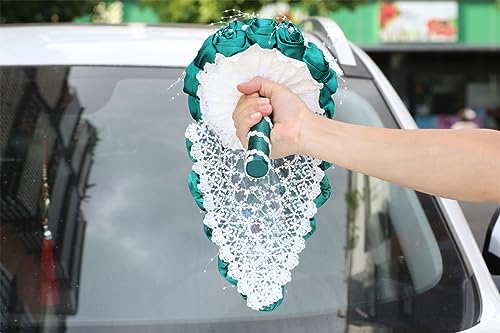Handmade Satin Rose Water Drop Bridal Bouquet,8.7inch Crystal Wedding Round Tossing Bouquet,Jewelry Proposal Bridesmaid Bouquet Groom Corsage Bride Wrist Flower Ivory (DarkGreen) - color: Darkgreen