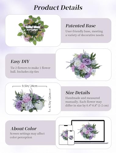BLOSMON Purple Flowers Artificial for Decoration: 10 Pieces 9.5 Inch Fake Flower Ball Centerpieces for Wedding Tables - Lilac White Rose Lavender Fake Silk Kissing Floral Arrangements - color: Lilac Purple & White