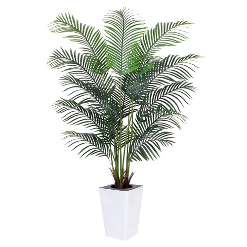 Artificial Palm Tree with White Tall Planter, 6ft Tall Potted Artificial Silk Palm Tree Plant, Fake Tropical Plant, Home Office Floor Room Decor Plants Indoor Outdoor, Housewarming Gift - size: 6ft