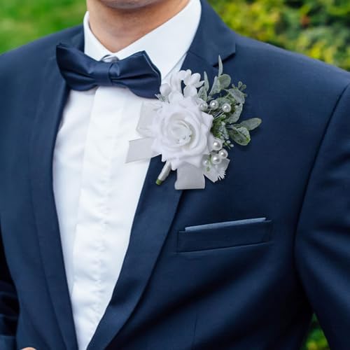 White Rose Boutonniere for Men Wedding Groom Groomsmen Artificial White Rose Flowers Boutonniere for Wedding Party Prom Homecoming Ceremony Anniversary Suit Decorations White Rose Boutonniere - color: White Rose Boutonniere