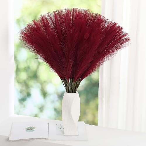 Wertuirk Faux Burgundy Pampas Grass - 60pcs 24 Inch Artificial Pampas Grass Decor Tall, Fake Pompas Grass for Vase Filler, Table Centerpieces, Wedding, Party and Home Decor (Burgundy, 60 Pieces) - color: Burgundy, size: 60 Pieces