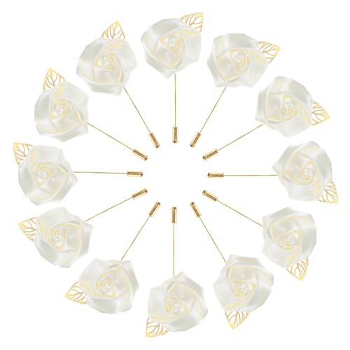 M METERXITY 12-Pack Flower Lapel Pins for Men, Golden Leaf Rose Boutonnieres Pin for Wedding/Dance/Party, Mens Lapel Pins for Suits Satin Flower Corsage Hat Pins [Cream White] - color: Cream White