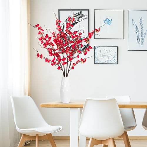 Sggvecsy Artificial Plum Blossom Flowers 4 Pcs Faux Cherry Blossom Stems Faux Silk Plum Blossom Branches 36.2’’ Fake Flowers Long Stems for Vase Arrangements Home Wedding Table Decor (Red) - color: Red