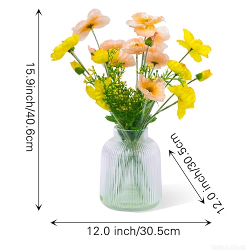20pcs Artificial Poppy Flowers - Fake Flowers in Vase Silk Decor. Artificial Flowers All-in-One with Clear Glass Vase for Home, Office, Living Room & Table Decor - color: Pinkish Yellow