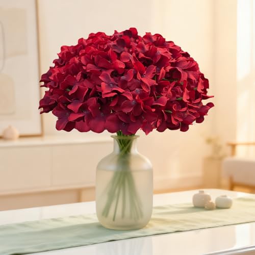20 Pcs Dark Red Hydrangea Artificial Flowers Bulk, Faux Hydrangea Flowers Heads, Artificial Fake Silk Hydrangea Flowers with Stems, Red Flowers Artificial for Decoration Wedding Décor - color: Dark Red, size: 20 Pcs