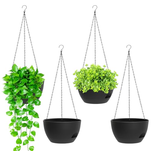 8 Inch Hanging Planters for Indoor Outdoor Plants, 4 Pack Black Plastic Self Watering Hanging Baskets with Drainage Holes and Chain for Garden Porch - color: Black