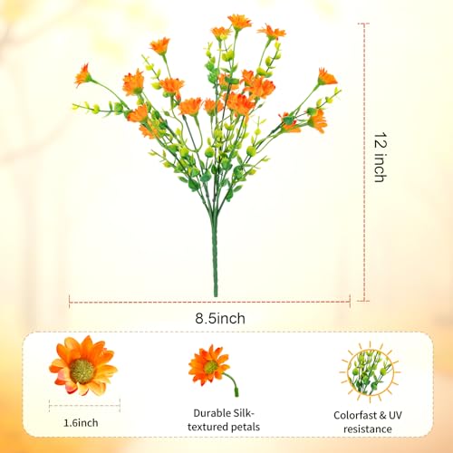 Artificial Mums Fall Fake Flowers for Outdoors, 10 Bundles Faux Mums Autumn Decorations,UV Resistant Silk Flowers Plastic Plants for Outside Front Porch Garden Patio Home Planters Decor (Orange) - color: Orange