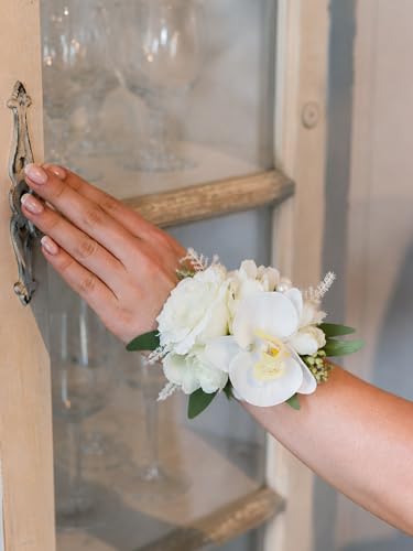 Rinlong 2Pcs White Orchid Wrist Corsage for Wedding, Prom, Homecoming | Bridesmaid Wristlet, Mother of the Bride Flower Corsage - color: 06-white Orchid