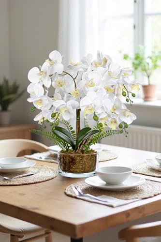 White Orchids Artificial Flowers 16.5" Faux Orchids Plant in Pot Fake Flower Arrangements with Glass Vases White Centerpieces for Kitchen Dining Room Tables Bathroom Nightstand Shelf Desk Decor - color: White Orchid & Moss