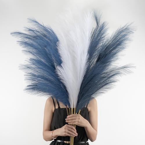 Pampas Grass Decor Tall, 43"/110cm Faux Pampas Grass 6 Stems Large Pompass Grass Branches Tall Bulk Boho Flower Arrangement for Home Room Wedding Party Decor - color: Blue & White & Indigo