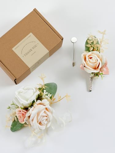 SITUMEIZI 2Pcs Champagne Corsage and Boutonniere Set Wrist Corsage Bracelets and Boutonniere for Men Wedding Prom Party Suit Decor - color: Champagne
