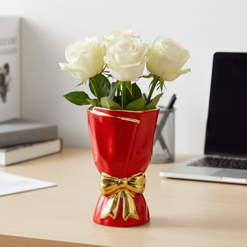 7 Inch Red Ceramic Vase for Centerpiece, Bow Ceramic Vases Home Decor, Small Modern Vase for Office Shelf, Western Desk Decor, Windowsill, Bathroom Counter, Centerpiece Table Decorations - color: Red, size: 7 inch