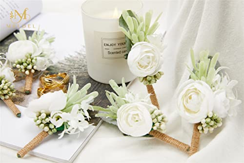 6Pcs Faux Silk Boutonnieres for Men, Ivory and Greenery for Wedding | Artificial Boutonniere for Wedding Anniversary Homecoming Prom Formal Party Engagement Graduation for Groom and Groomsmen - color: White3# Boutonniere(6 Piece)