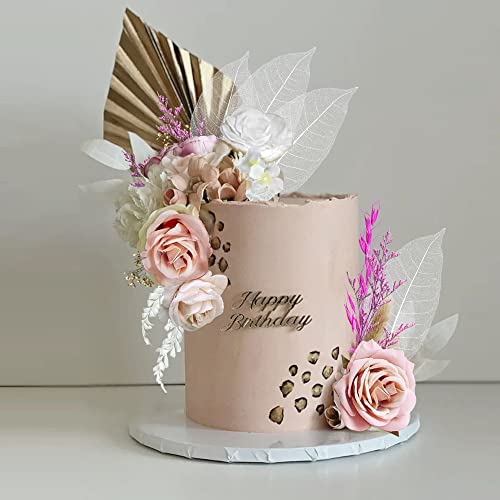 25 PCS Natural Boho Cake Topper Vintage Artificial Flowers Leaves Various Dried Pampas Grass Cake Decor for Wedding Bridal Birthday Party Supplies (Pink White Champagne) - color: Pink White Champagne