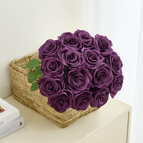 15pcs Fake Roses Artificial Silk Flowers Faux Rose Flower Long Stems Bouquet for Arrangement Wedding Centerpiece Party Home Kitchen Decor - color: 15pcs Plum