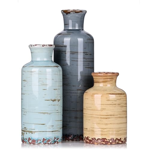 Ceramic Vase Set - 3 Small Flower Vases Home Decor, Modern Rustic Farmhouse Pottery Vases for Centerpieces, Living Room, Kitchen, Shelf, Bedroom, Bathroom, Fireplace, Table Shelf and Entryway Decor - color: Multicolored