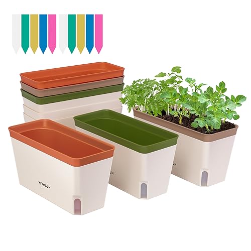 VIVOSUN Self-Watering Planters, 6-Pack 10.5 Inch Compact Rectangular Window Herb Planter Box with 10 PCS Plant Labels, Plant Container for Basil, Flowers, Succulents, Indoor & Outdoor - size: 6