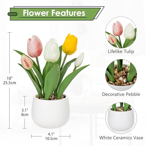 Hollyone Tulips Artificial Flowers in Vase Fake Tulips Silk Flowers Arrangements Faux Tulip Bulbs with Ceramic Pot Tulip Potted Plants Floral Bouquet for Home Decor Table Centerpiece Decorations - color: Small - Mixed