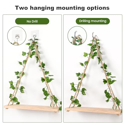 RICHER HOUSE Macrame Floating Shelves for Wall No Drilling, Boho Hanging Shelf with Artificial Ivy and LED Lights, Plant Wall Decor for Living Room Bedroom Dorm - color: Ivya*2