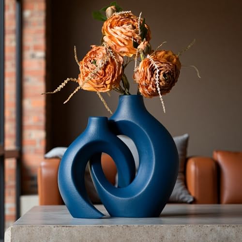 Levvohd Snuggle Hollow Ceramic Vase Set of 2, 8.4 inch Modern Nordic Coastal Shaped Pampas Grass Aesthetic Decorative Table Vases for Home Decor (Matte Navy Blue - M) - color: Matte Navy Blue - M