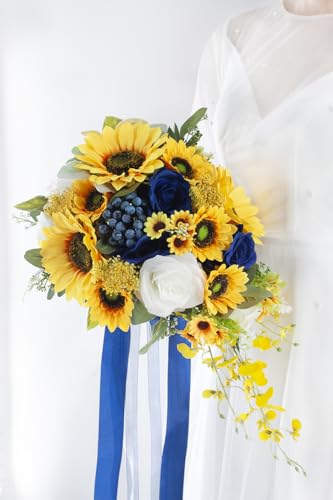 12 Inch Cascade Wedding Bouquets for Bride, Royal Blue & Yellow Sunflower Cascading Bridal Bouquet for Wedding Silk Artificial Flowers - color: Royal Blue & Yellow