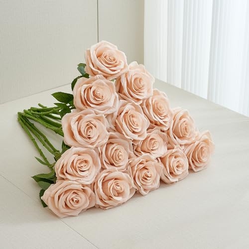 15pcs Fake Roses Artificial Silk Flowers Faux Rose Flower Long Stems Bouquet for Arrangement Wedding Centerpiece Party Home Kitchen Decor - color: 15pcs Champagne Pink