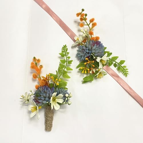 Corsage and Boutonniere Set, Handmade Artificial Peony Rose Wrist Corsage Wristlet and Groom Boutonniere for Men Wedding Prom Suit Decorations (Blue Succulent) - color: Blue Succulent