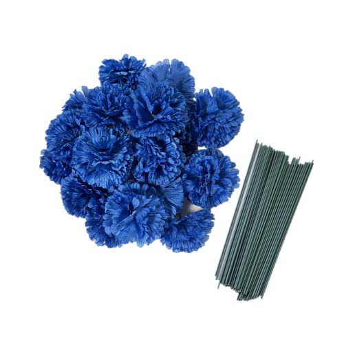 Rikyo 50 Artificial Silk Carnation Flower Head with Stems Set,Vase Fillers for Bridal Wedding Party Birthday Cake Ornaments,DIY Wrist Corsage,3" Petals Heads with 8" Stems(Royal Blue) - color: Royal Blue