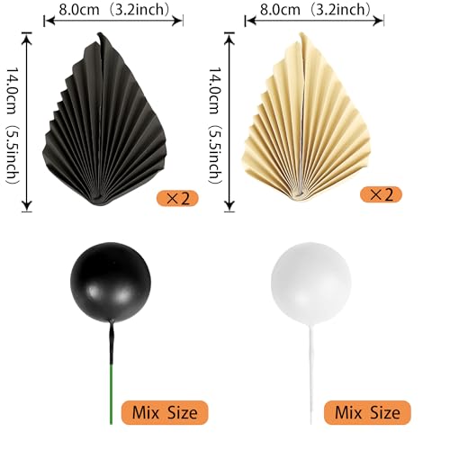 28 Pack Balls Cake Toppers, Palm Leaves Cake Decorations, Foam Balls Paper Palm Leaf Cake Insert Toppers Decorations for Birthday Wedding Baby Shower Party Decorations Black White - color: Black White