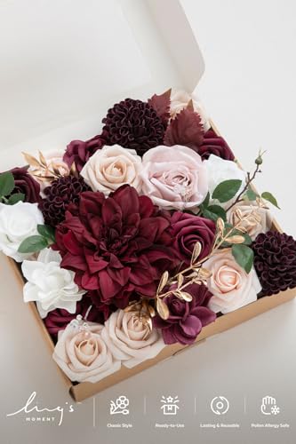 Ling's moment Fake Flowers Box, Faux Artificial Greenery Stems Foam Roses Gardenia Silk Dahlia Fabic Flower for Centerpieces Bouquet Wedding Vase Decorations, Marsala & Soft Peach, Grand Combo - color: Red-marsala & Soft Peach, size: Grand
