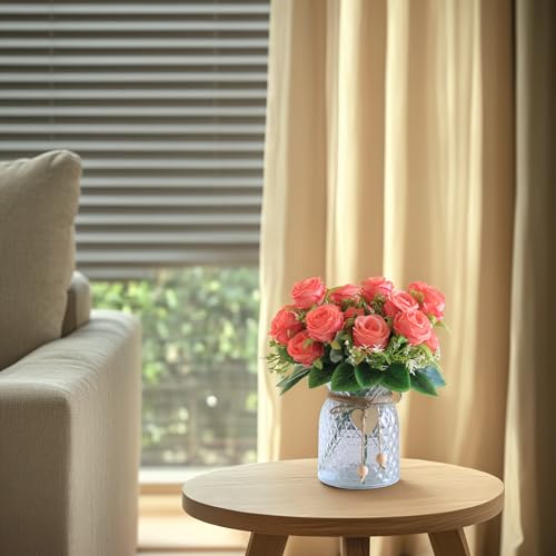 Faux Flowers in Vase, 18 Pcs Fake Rose Flowers, Artificial Flowers for Home Decor, Indoor Centerpiece for Living Room & Dining Table - Pink - color: Pink Rose