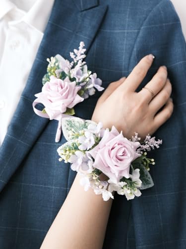White Rose Wrist Corsage and Boutonniere Set with Ribbon Ties Wedding Prom Formal Accessories (Purple Ribbon) - color: Purple Ribbon