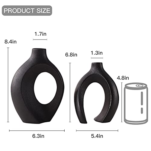 Liotww Black Vases Home Decor Set of 2, Ceramic Black Small Flower Vase, Minimalist Boho Decorative Modern Donut Vase for Farmhouse Living Dining Room Office Entryway Bookshelf Coffee Table Décor - color: Large-matte Black