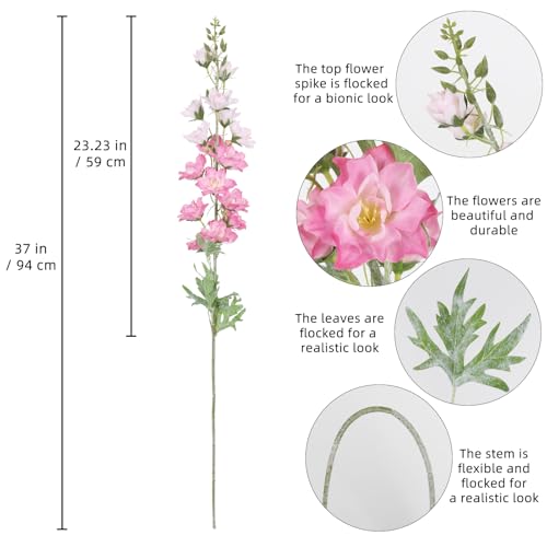 IPOPU 37" Pink Delphinium Artificial Flowers 5PCS Real Look Flocked Faux Delphinium Flowers with Fuzz Long Stem Silk Larkspur Snapdragon for Wedding & Home Decor(Pink) - color: Dark Pink