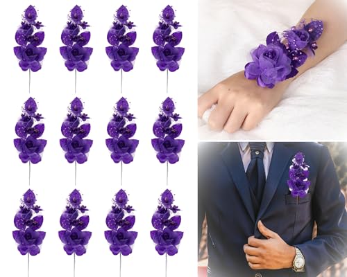 Set of 12 Artificial Silk Organza Craft Rose Flower, 12 Corsage Wristlet, 12 Pin Back DIY Boutonnieres for Wedding, Bridesmaids, Groomsmen, Quinceanera, Prom, Sweet 16 (Purple) - color: Purple