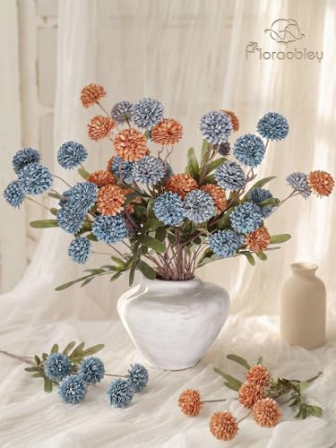 9pcs Fake Flowers Silk Mini Mums with Stems, Blue & Orange Faux Chrysanthemum Pompon Balls Artificial Flower Bulk for DIY Wedding Centerpieces, Vase Fillers, Floral Arrangement & Home Decor - color: Dusty Blue & Burnt Orange