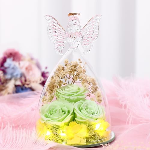 Mothers Day Rose Gifts for Women Preserved Flowers in Glass Angel Forever Flowers Gifts Eternal Roses Gifts for Grandma, Green - color: Green