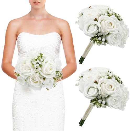 Wedding Bridesmaid Bouquets Set of 2, Artificial Silk Flowers Arrangement for Ceremony Marriage Proposal Party Anniversary Decorations - White - color: White, size: Set of 2 Bouquets