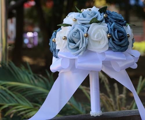 Handmade Wedding Bouquet Artificial PE Rose Bridal Bridesmaid Bouquet with Soft Ribbons Wedding Hand Holding Bouquet Artificial Fake Flowers Toss Bouquet(B-Light Blue & Blue & White, 6.7"/17cm) - color: B-light Blue & Blue & White, size: 6.7"/17cm