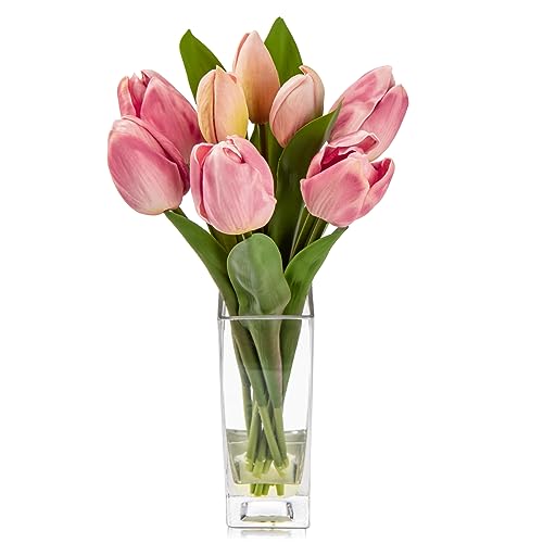 Briful Fake Flowers Artificial Tulip Flower in Clear Vase, Greenish Pink Real Touch EVA Tulip Arrangement Suitable for Home Office Autumn Decoration, Dining Table Centerpiece - color: Greenish Pink