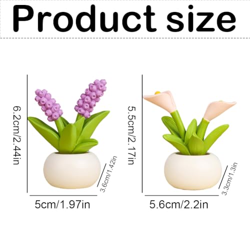 Resin Flower with Pot 2 Pcs Mini Artificial Cally Lily Hyacinth Flower Flowers Potted Plants Figurines for Car Dashboard Home Kitchen Rustic Table Shelf Decor, Purple+Beige - color: Purple+beige