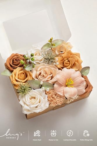 Ling's moment Fake Flowers Box, Faux Artificial Greenery Stems Foam Roses Dahlia Gardenia Tulip Silk Fabic Flower for Centerpieces Bouquet Wedding Vase Decorations, Apricot & Peach, Mini Combo - color: Apricot