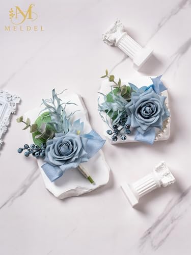 Dusty Blue Corsage and Boutonniere Set, Rose Boutonniere for Men, Prom Flower Wrist Corsage Bracelets, Homecoming Corsages Wristlet, Men Boutonnieres for Wedding Flowers Accessories Prom Suit - color: Blue Wrist Corsage and Boutonniere Set