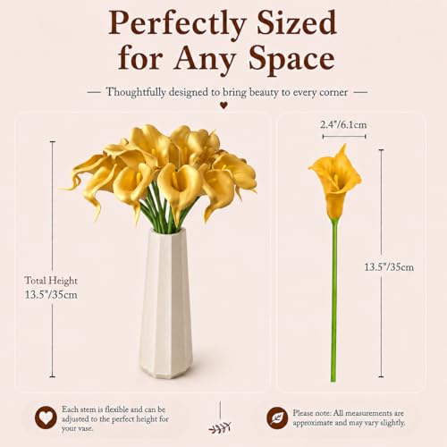 Mandy's 20pcs Gold Calla Lily Artificial Flowers | 13.5 Inch PU Realistic Bouquet for Vase Elegant Home Decor Centerpiece Wedding Bridal Bouquet Table Decoration - color: Gold