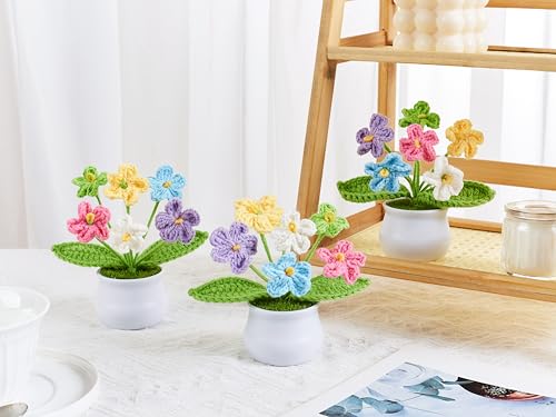 LAIDANLA Crochet Flowers Forget Me Not Potted Plant, Mini Handmade Knitted Flower for Desk, Crochet Flower in Pot, Unique Gifts for Women Teacher Mom Friend, Birthday Graduation - color: Colorful