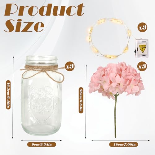 Set of 3 Mason Jar with Lights Blush Hydrangea Decorative Jars Flower Vase Farmhouse Table Centerpiece for Home Wedding Event Party Decor - color: Jar-pink Hydrangea