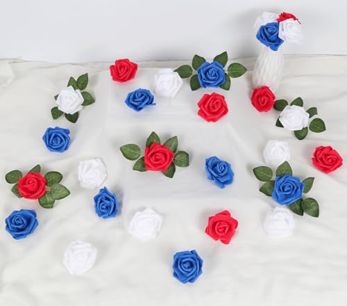 100pcs White Foam Roses Heads,3inch Blue Faux Flowers Red Artificial Rose Stemless Fake Flower Bulk for DIY Crafts,Cake Decoration Wedding,Baby Shower Flower Centerpieces(White,Red&Blue) - color: 100pcs White&red&blue