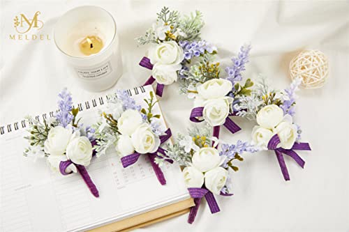 6Pcs White and Purple Artificial Boutonnieres for Men Wedding Prom | Faux Boutonniere with a Purple Ribbon, Suitable for Grooms and Groomsmen at Wedding, Prom, Various Suits, and Formal Dinners - color: Purple2# Boutonniere(6 Piece)