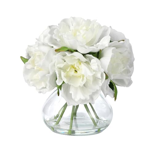 White Peony Bouquet in Glass Vase - 6 Piece Artificial Flower Arrangement with Faux Water for Wedding & Home Centerpieces - color: Peony Flowers, size: White