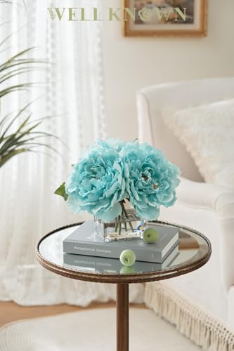 Artificial Peonies Flowers Arrangements in Cube Glass Vase, WELLKNOWN Silk Flower Centerpieces for Dining Room Table, Coffee Table Decor, Faux Peony Flowers with Faux Water(Light Teal Blue) - color: Light Teal Blue